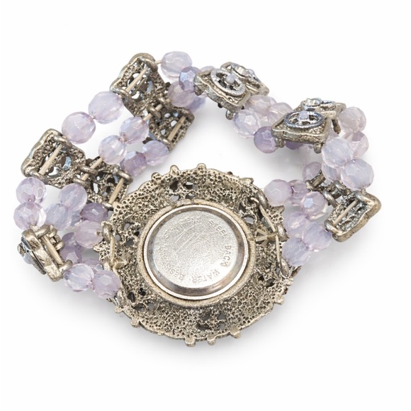 Vintage-Inspired Lavender Beaded Bracelet Watch with Amber Crystals - Picture 3 of 3